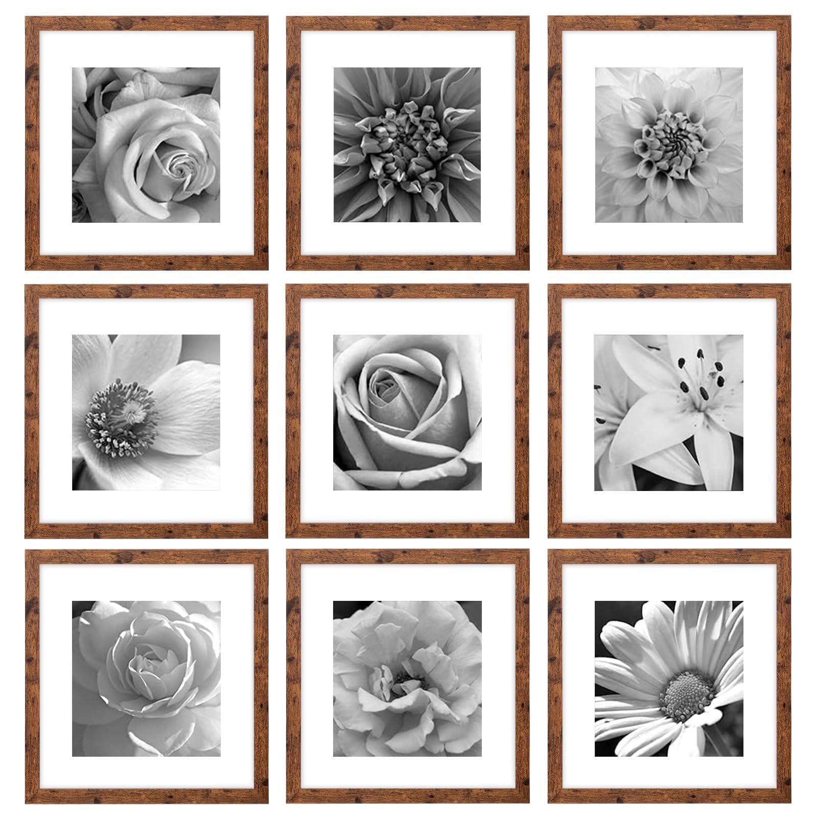 Photo 1 of eletecpro 12x12 Picture Frames Set of 9 Classic Gallery Wall Frame Set Displays 8x8 Photo with Mat or 12x12 without Mat, Square Frames Farmhouse Wall Decor Rustic Brown Home Decor for Hanging