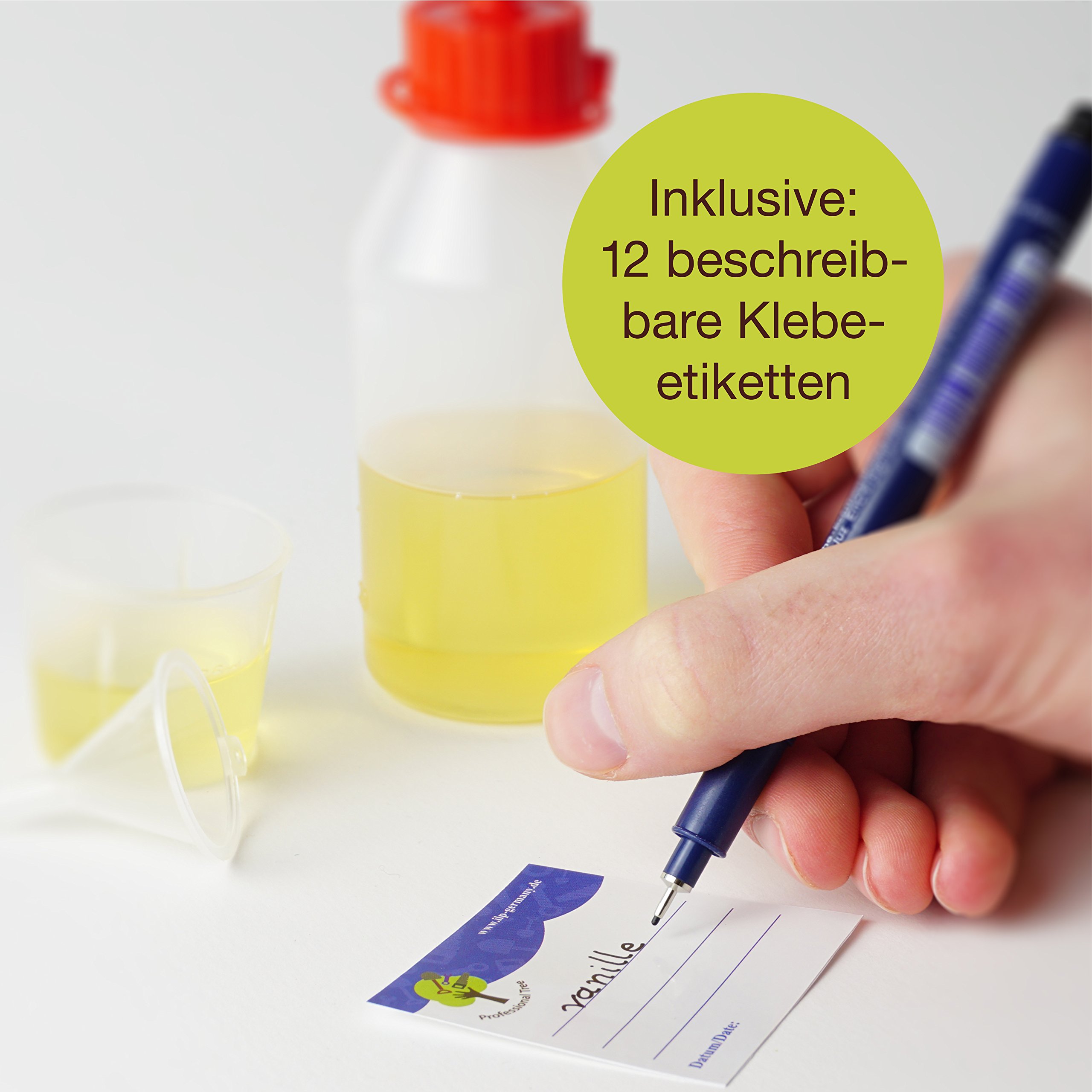 ProfessionalTree® Botellas para líquido con sistema de goteo 12x100 ml. Con embudo de medición - 12 etiquetas - Para conservar líquidos - Seguro para niños - Calidad LDPE