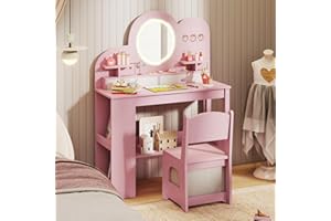 HONEY JOY Kids Vanity with Lights and Open Bookshelf, Cloud Princess Makeup Dressing Desk, Drawers, Wooden Pretend Play Toddler Vanity Table & Chair Set with Lighted Mirror for Little Girls (Pink)