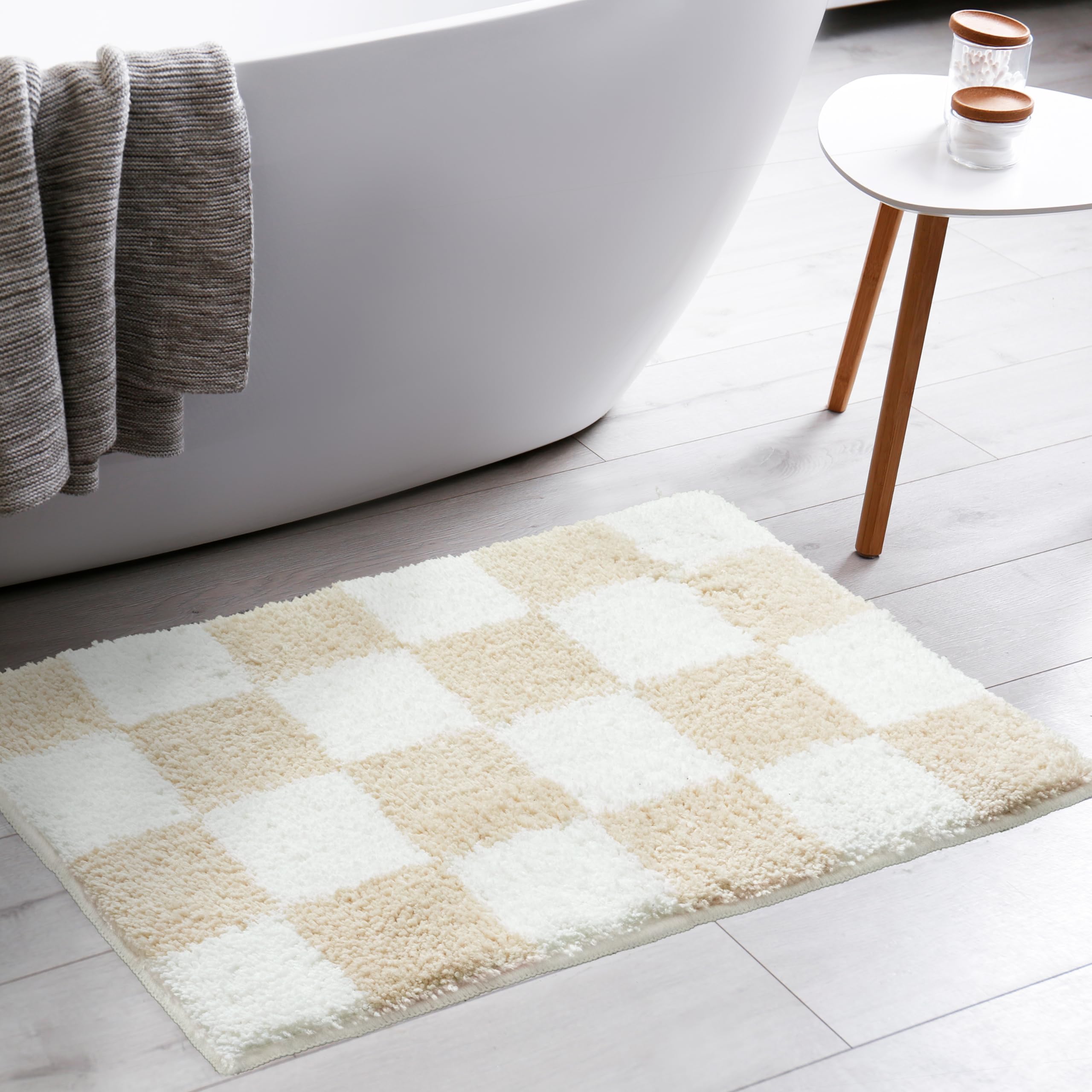 Photo 1 of Tititex Luxury Cream White Checkered Grid Bathroom Rug, 24"x36" Classic Checkerboard Extra Soft and Absorbent Microfiber Bath Rugs, Non-Slip Plush Shaggy Bath Carpet for Bathroom Floor