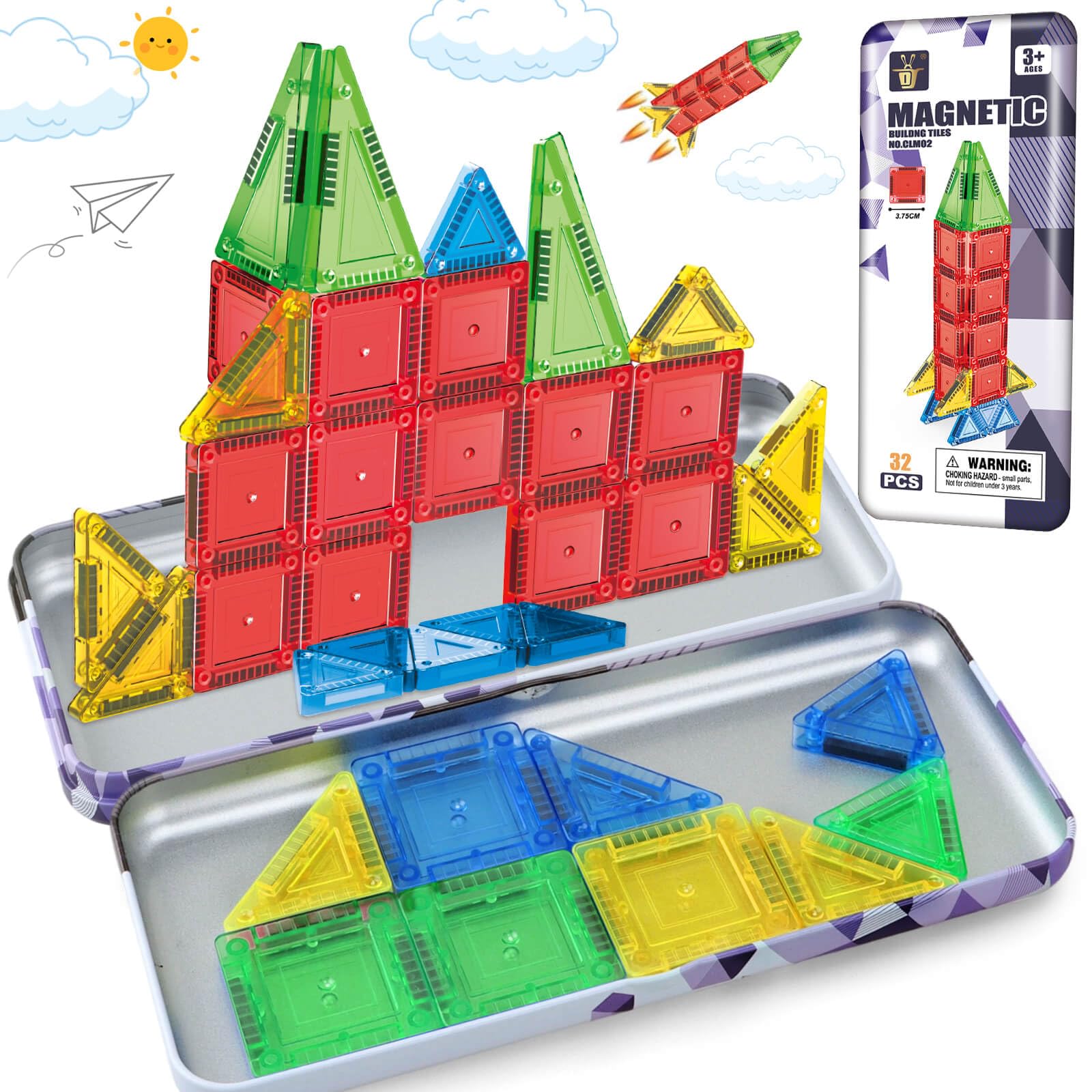 Aooess Toys for Boys Girls 3 4 5 6 7 8 Year Old: 32 PCS Magnetic Tiles for Kids Magnetic Building Blocks, Gifts for 3-10 Years Old Toddlers Birthday, Educational Construction Travel Activities