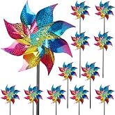 Hausse 12 Pack Reflective Pinwheels with Stakes (Pre-Assembled), Extra Sparkly Rainbow Pin Wheel for Garden Decor, Bird Repellent Devices Deterrent to Scare Birds Away from Yard Patio Farm, Colorful