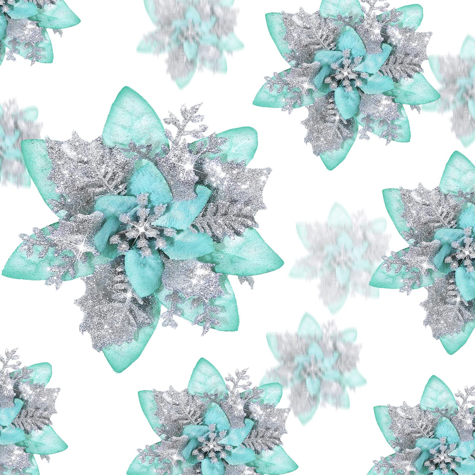 36 Pcs Christmas Glitter Artificial Poinsettia Flowers Xmas Poinsettia Artificial Wedding Flowers Decorations Xmas Tree Ornaments with Clips for Party, 6 Inch, 4 Inch, 3 Inch (Silver and Green)