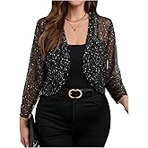 WDIRARA Women's Plus Size Sparkly Sequin Sheer Bolero Shrug Open Front Long Sleeve Party Cropped Cardigan