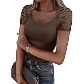 ANRABESS Womens Short Sleeve Shirts Scoop Neck Lace Going Out Tops Slim Fit Rib Knit Casual Tee 2026 Summer Fashion Outfits