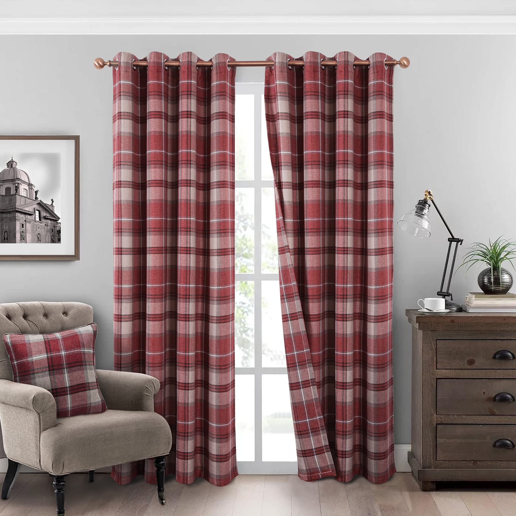 always4u Plaid Curtains Highland Woolen Look Modern Classic Window Drapes Red Check Tartan Curtains for Living Room Bedroom 2 Panels Burgundy Red 45 * 84 Inches