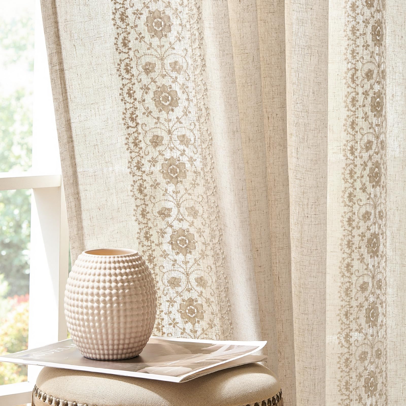 Photo 1 of jinchan Linen Curtains for Bedroom 84 Inches Long Fall Natural Vintage Floral Farmhouse Curtains Linen Blend Drapes for Living Room Embroidered Light Filtering Cottagecore Ivory on Beige 2 Panels