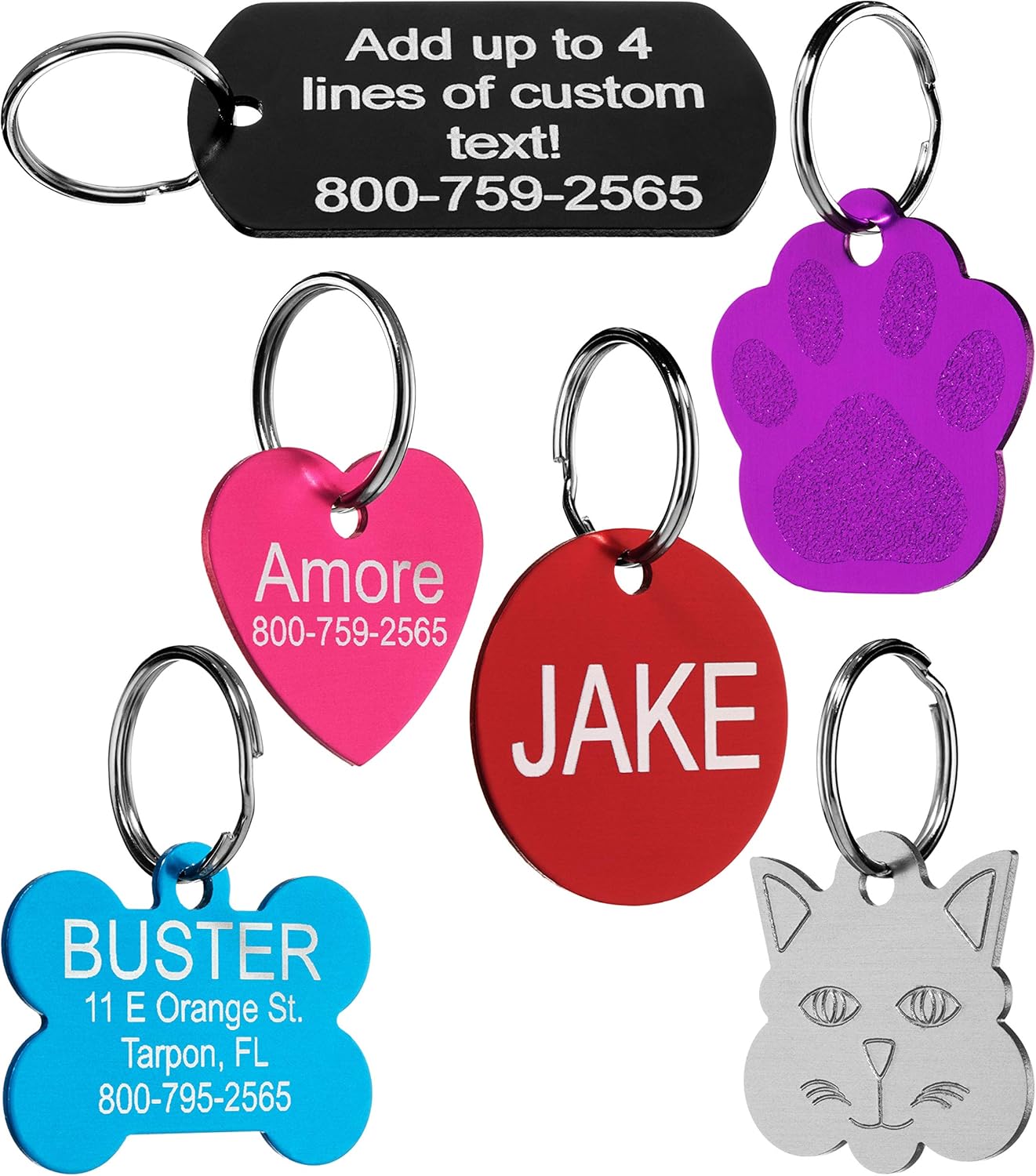 Providence Engraving Pet ID Tags in 8 Shapes, 8 Colors, and Two Sizes - Personalized Dog Tags and Cat Tags with 4 Lines of Customizable Text Available in 8 Shapes and Colors : Pet Supplies