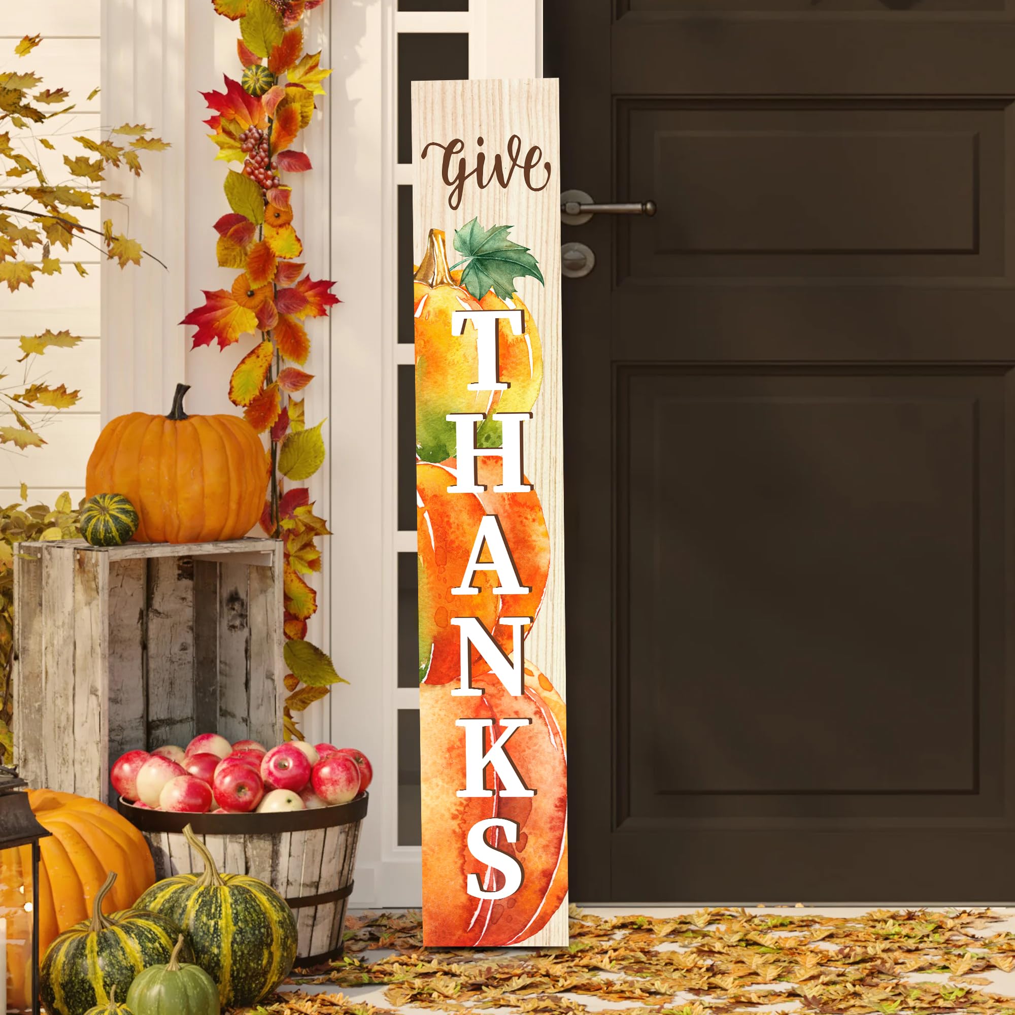 Photo 1 of Fall Thanksgiving Porch Sign Give Thanks Welcome Sign For Front Porch Home Decor Indoor Outdoor Autumn Wooden Vertical Sign For Patio Front Door Porch Wall Yard
