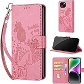KENHONER Designed for iPhone 15 Plus Case Wallet,Women Flip Folio Cover with Embossed PU Leather Stand Credit Card Holders Slots Wrist Strap Phone Case for iPhone 15 Plus 6.7 Inch (Pink Girl)
