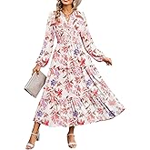 Women Long Sleeve Midi Dress, Boho Floral Casual Flowy A Line Dresses, Spring Elegant Classy Dress with Pocket