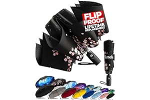 TUMELLA Flip-proof Inverted Travel Umbrella, Small Strong but Light Portable and Automatic Reverse Folding Rain Umbrella, Durable Premium Grip, Fits Car & Backpack