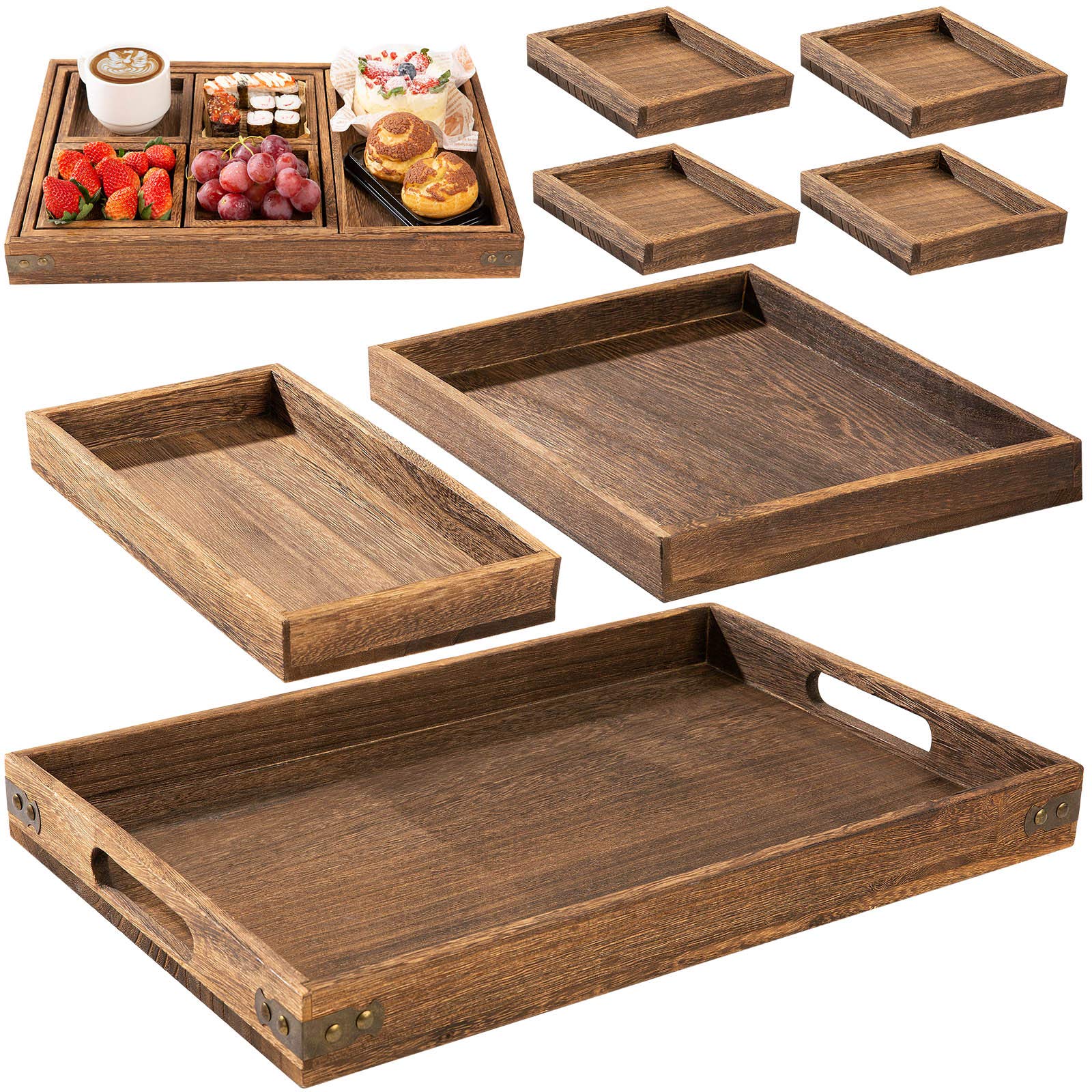 Photo 1 of **INCOMPLETE** Yangbaga Rustic Wooden Serving Trays with Handle - Set of 7 Rectangular Platters for Entertaining, Breakfast, Coffee Table, Home Decor