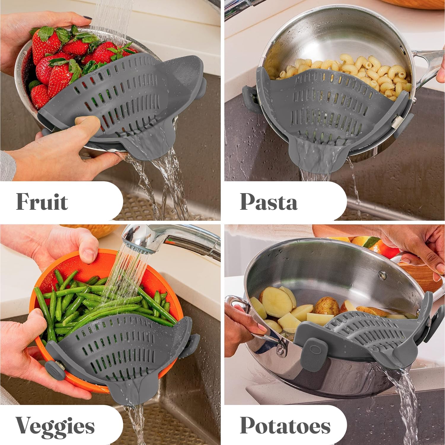 Kitchen Gizmo Snap N' Strain - Silicone Pasta Strainer Clip-On for Pots and Pans - Heat Resistant Colander for Vegetables and Noodles - Kitchen Gadgets for Cooking - Space-Saving Design - Gray