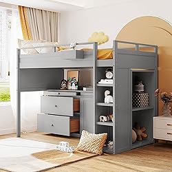 Merax Loft Bed Twin Size with Desk, Super Storage
