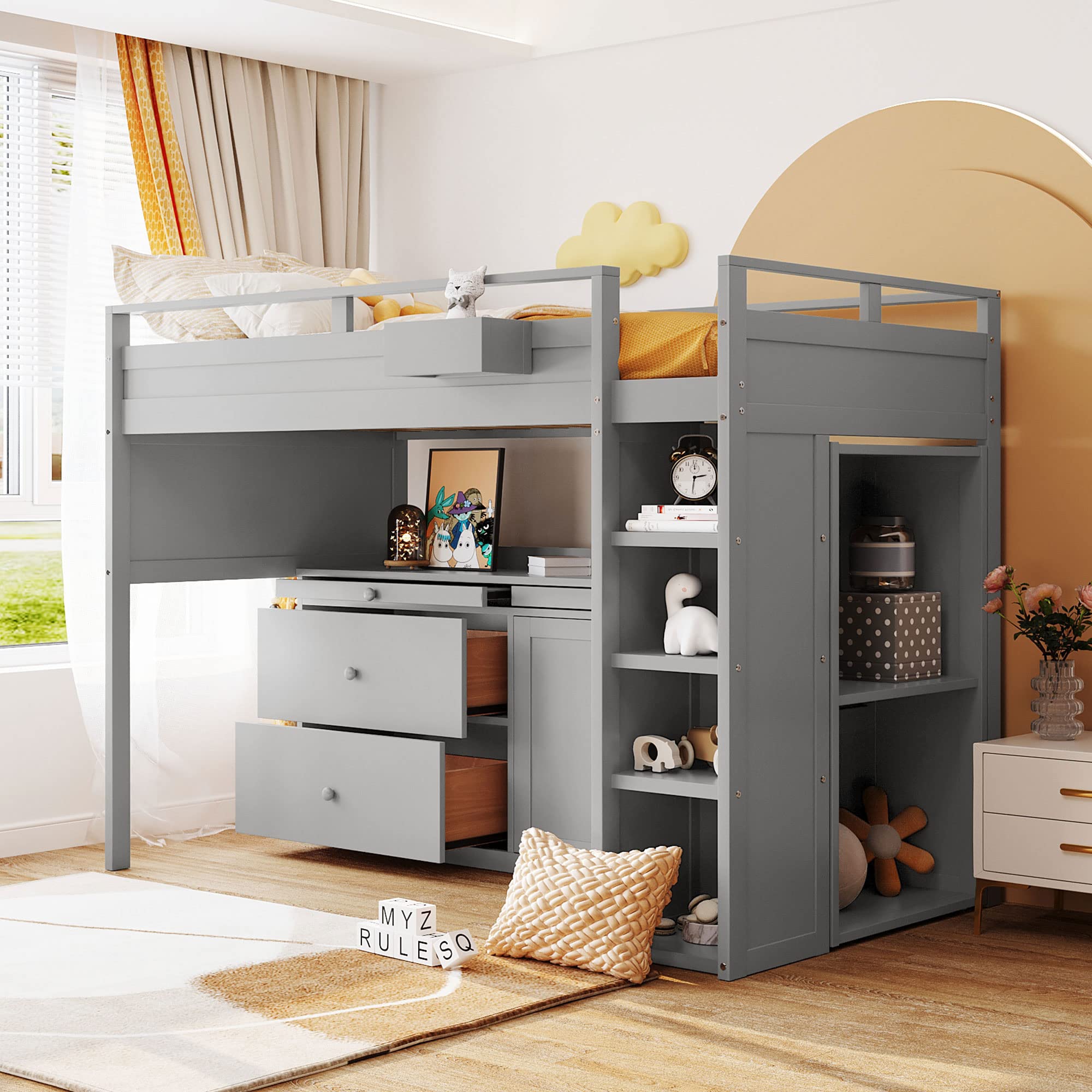 Merax Loft Bed Twin Size with Desk, Super Storage