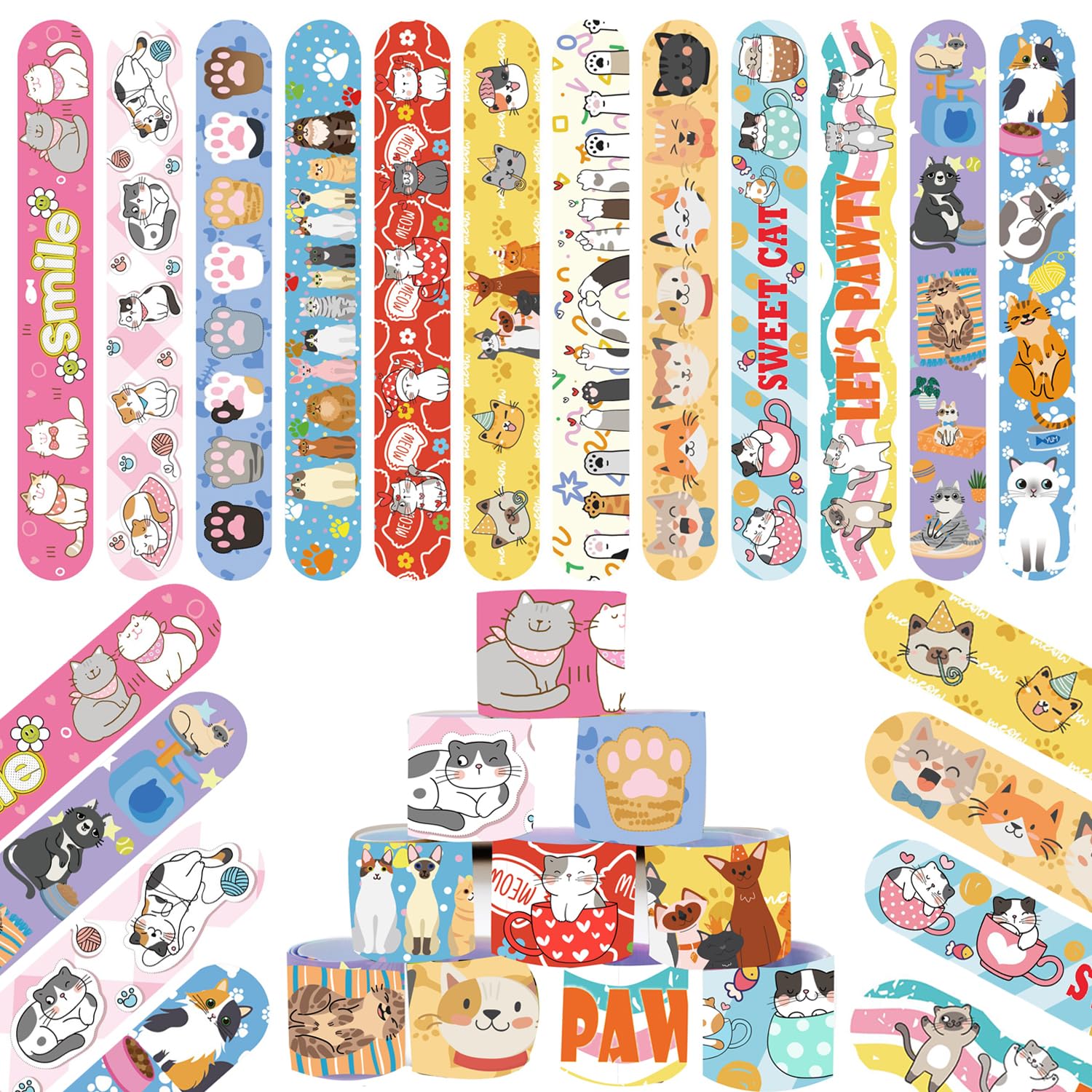Yrmysrx 48PCS Cat Theme Slap Bracelets Party Favors, Pet Cat Party Wristbands for Kids Pet Theme Party Birthday Supplies Decorations Carnival Prizes Suit Classroom Rewards