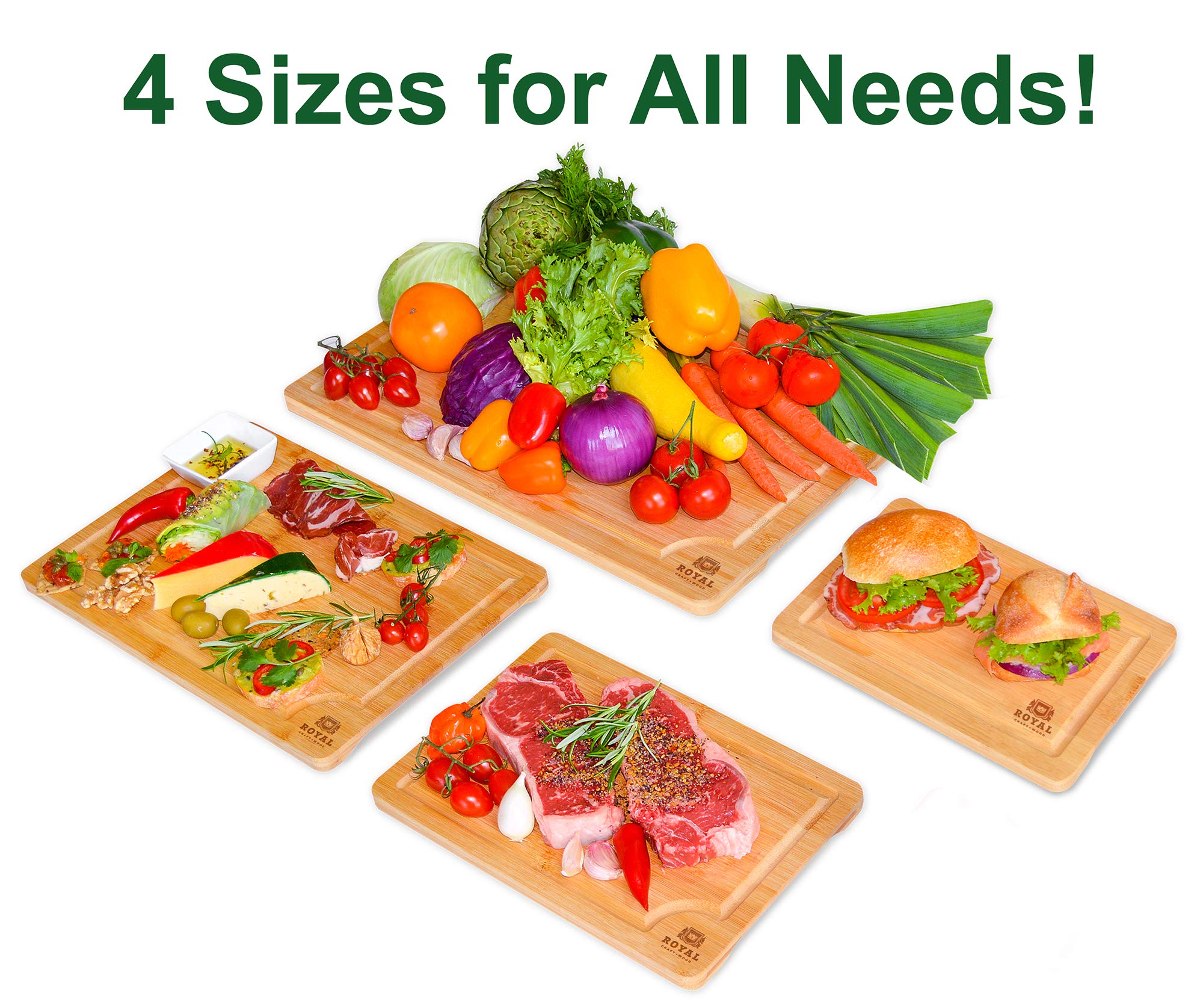 Organic Bamboo Cutting Board with Juice Groove (Set of 3) - Kitchen Cutting Board Meat (Butcher Block) Cheese and Vegetables | Antibacterial Heavy Duty Serving Tray with Handle