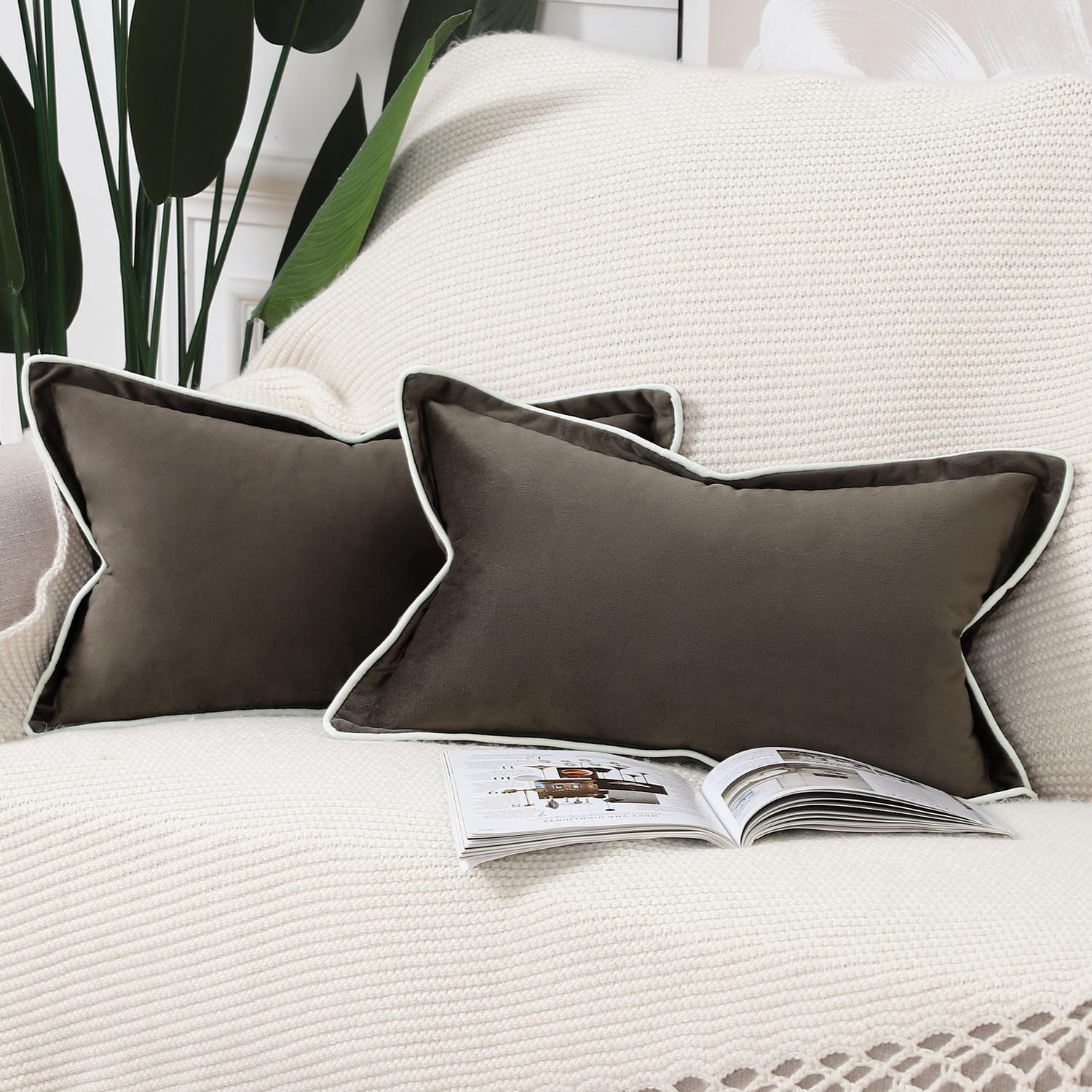 Madizz Set of 2 Velvet Fringed Throw Pillow Covers 16x32 inch, 40x80 cm, Dark Taupe Soft Decorative Cushion Cover for Sofa Bedroom Pillow Shell
