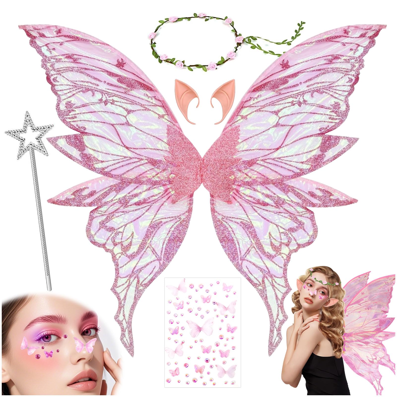 Fairy Wings,Butterfly Wings for Adult Women Kids Girls,5 PCS Angel Costume Accessories,Elf Ears Flower Girl Wand,Angel Princess Fancy Dress Up Costumes for Halloween Birthday Chrismas (Pink)