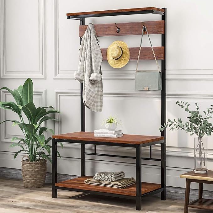 Brown Coat Rack Stand with Bench, Retro Industrial Hallway Free