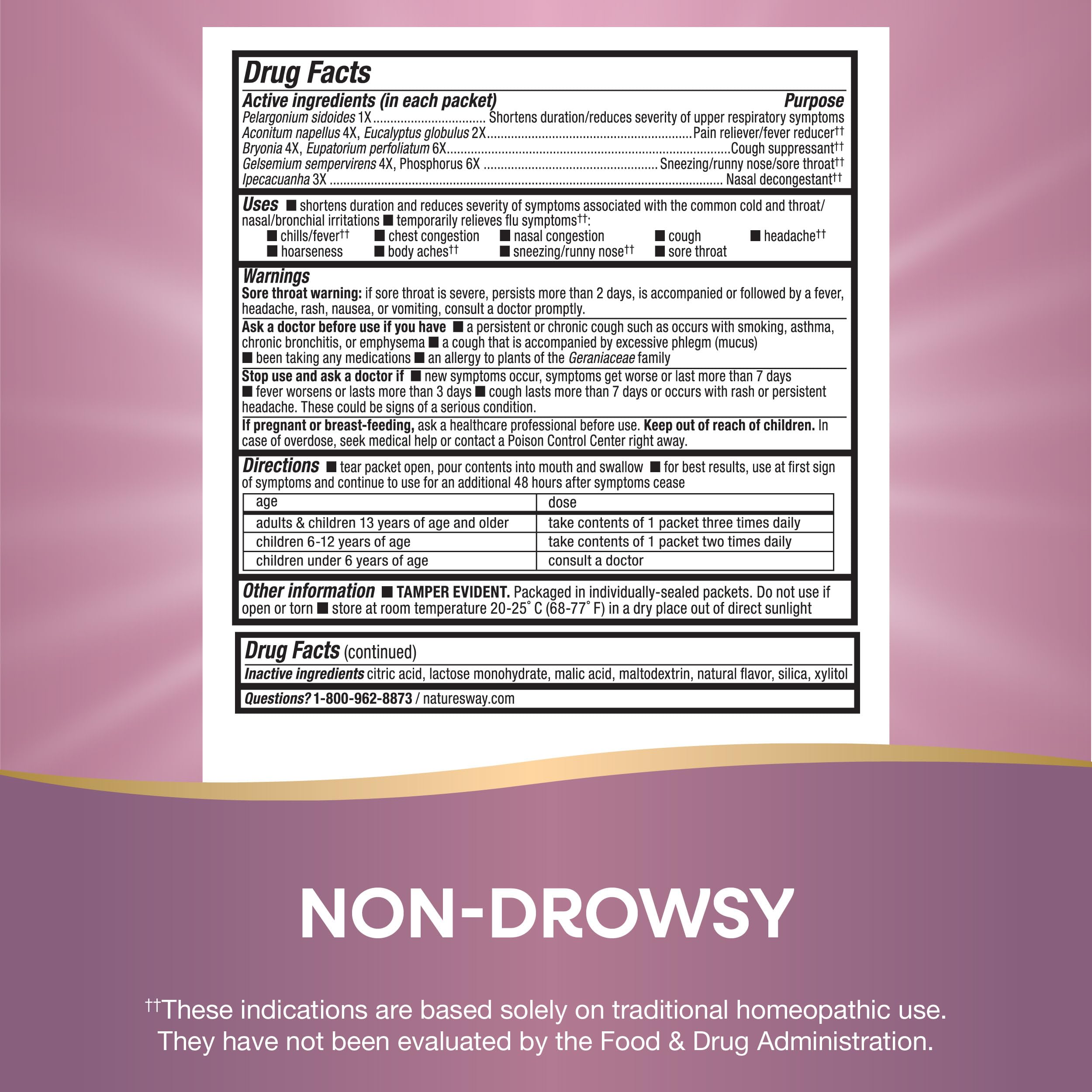 Nature's Way Cold + Flu Relief FastActives, Umcka, Homeopathic, Fever*, Sore Throat, Cough, Congestion, Phenylephrine Free, Non-Drowsy, Berry Flavored, 10 Packets (Packaging May Vary)