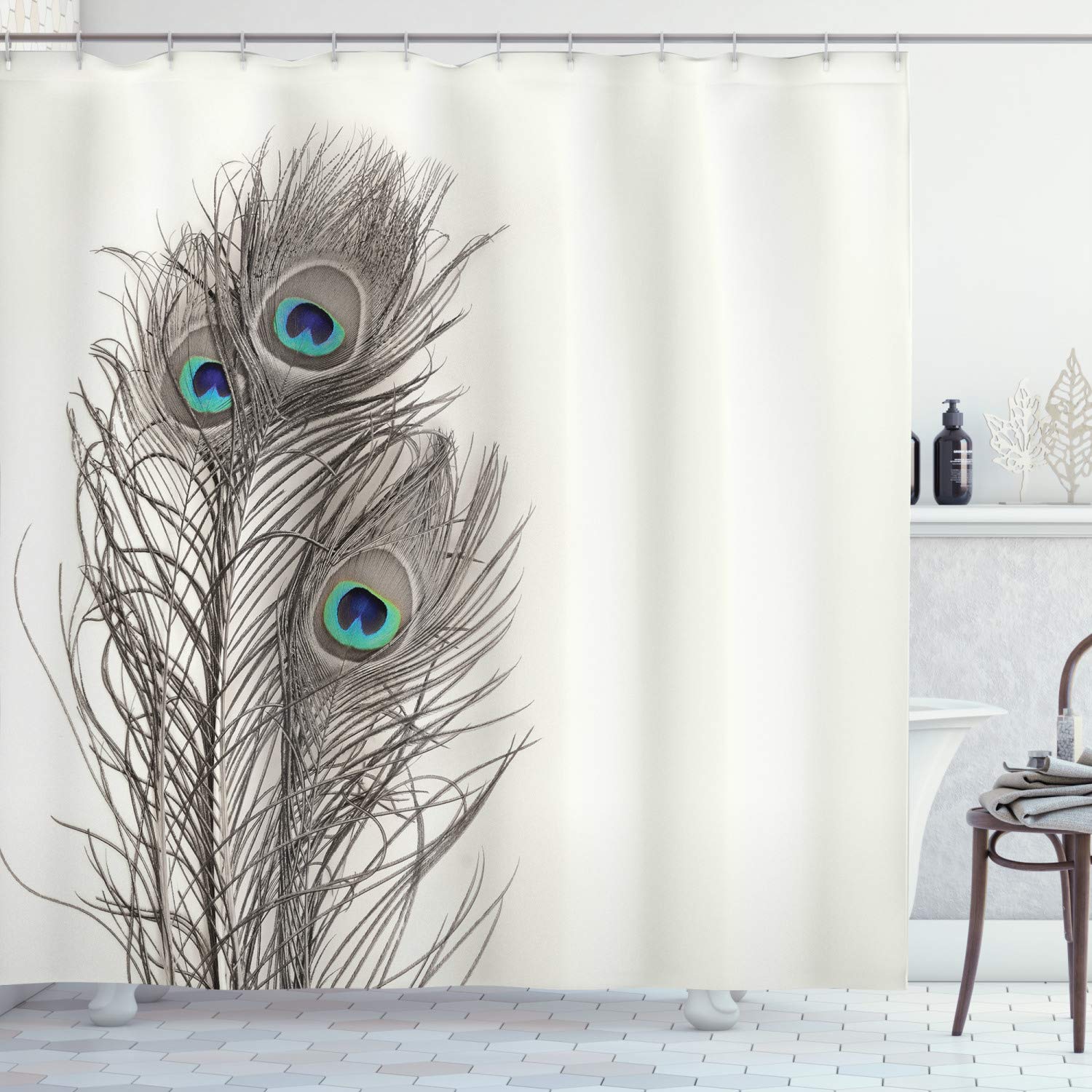 ABAKUHAUS Peacock Shower Curtain, Feathers of Exotic Bird on White Backdrop Bohemian Wildlife Composition, Cloth Fabric Bathroom Decor Set with Hooks, 94 Inches, White Taupe and Blue