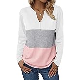 Zeagoo Women's Waffle Shirts V Neck Long Sleeve Tops Color Block T-Shirts Casual Pullover Tunics 2025 Fashion Basic Tees