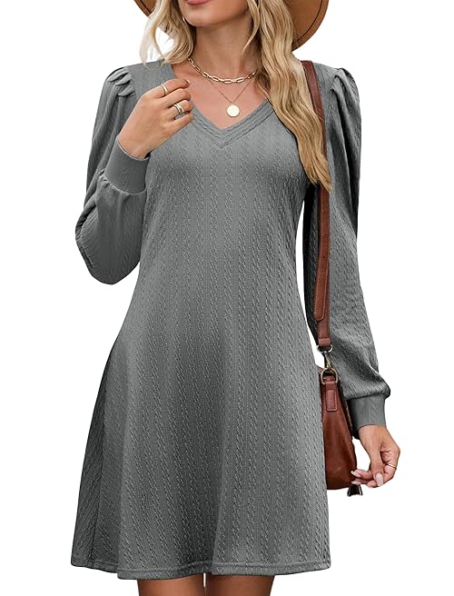 ZAFUL Womens Casual Long Sleeve Sweater Dress V Neck Trendy Winter Dresses Christmas Fall Outfits Dark Grey M
