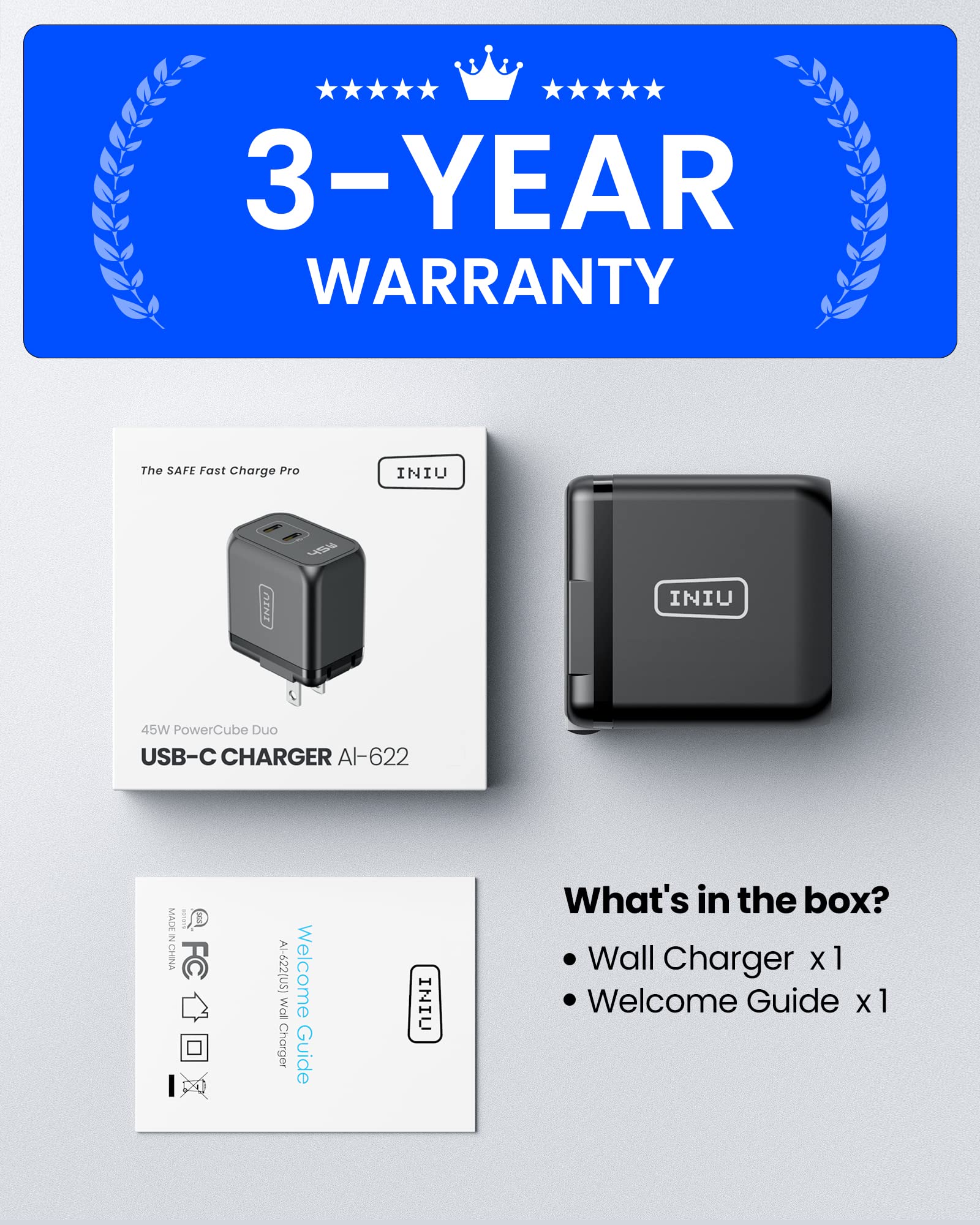 INIU 45W USB C Fast Charger, Support Samsung Super Fast Charging 2.0, PD Compact Foldable Dual Wall Charger Block, for Samsung S23 S22 Ultra/Note iPhone 16 15 Pro iPad Pro MacBook Air Steam Deck etc