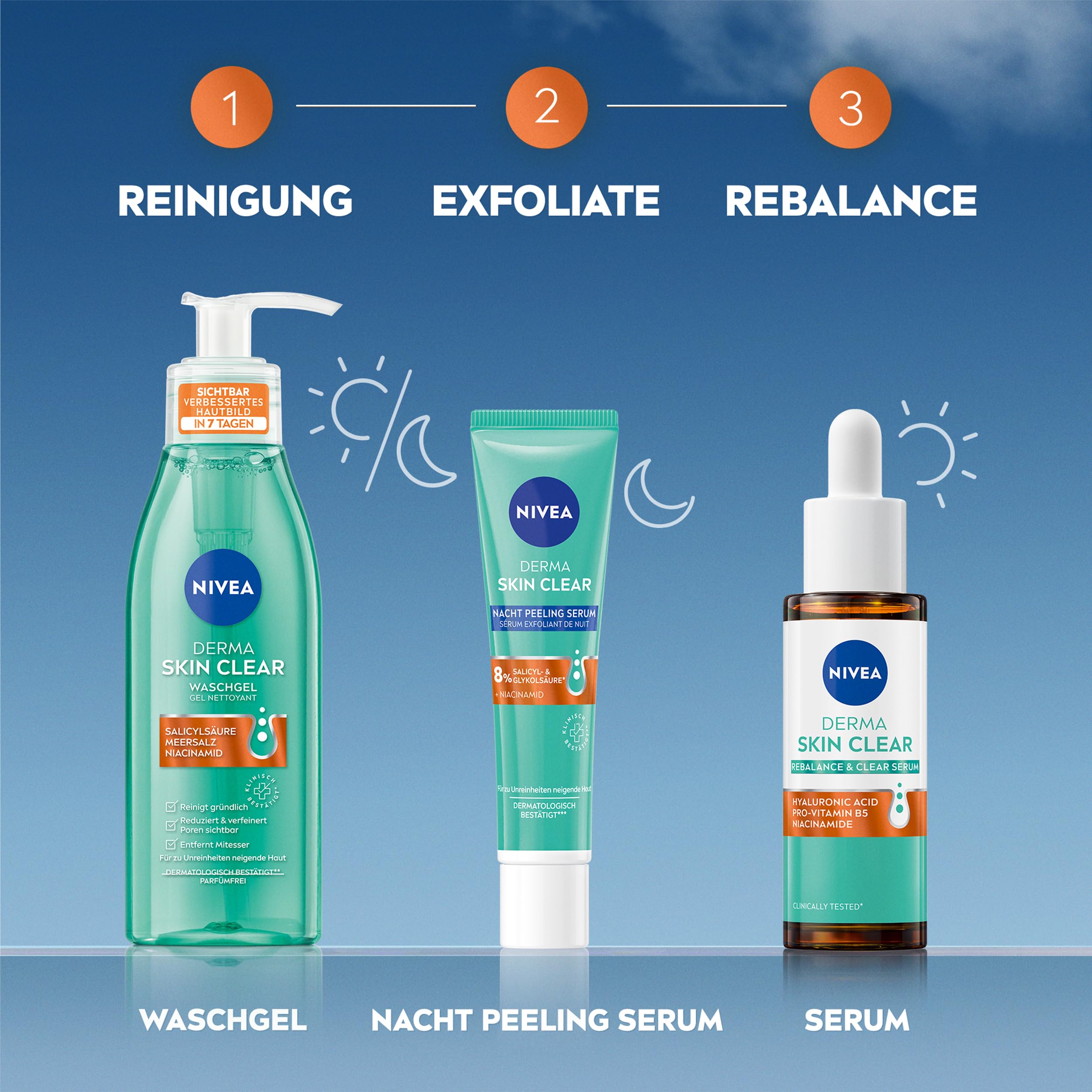 NIVEA Derma Skin Clear Routine Set mit Rebalance & Clear Serum, Nachtpeeling Serum & Waschgel, Gesichtspflege für unreine Haut mit Salicylsäure & Niacinamid 2
