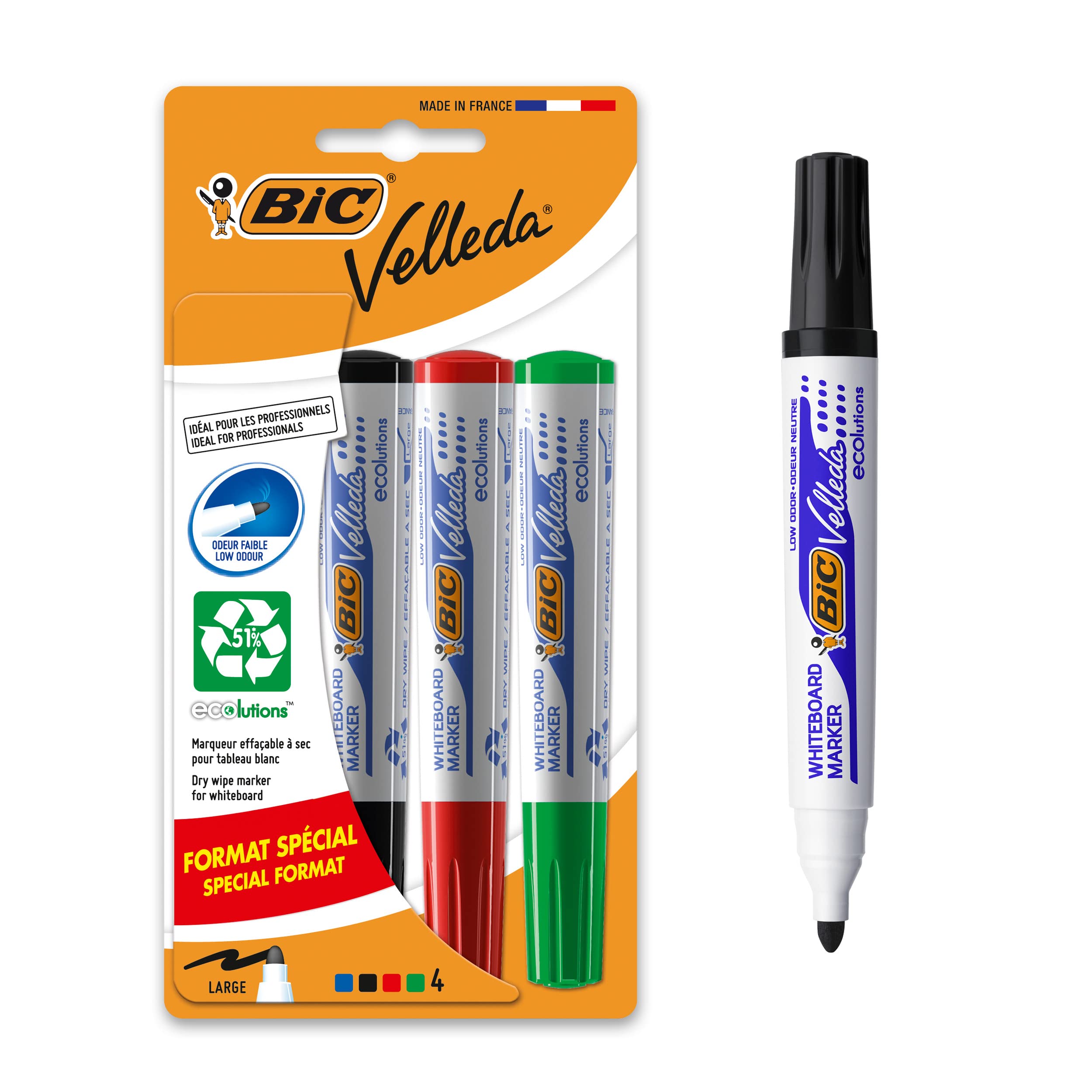 BIC Velleda ECOlutions 1701 Felt-Tip Pens for Whiteboard Dry-Erase with Medium Conical Tips - Assorted Colours - Blister Pack of 4