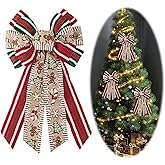 ALIBBON Large Christmas Bow for Wreaths, Gingerbread Christmas Wreath Bow Stripe Buffalo Plaid Ribbon Bows for Front Door, christmas Decorations, Xmas Tree Topper Bows for Indoor Outdoor Holiday Decor