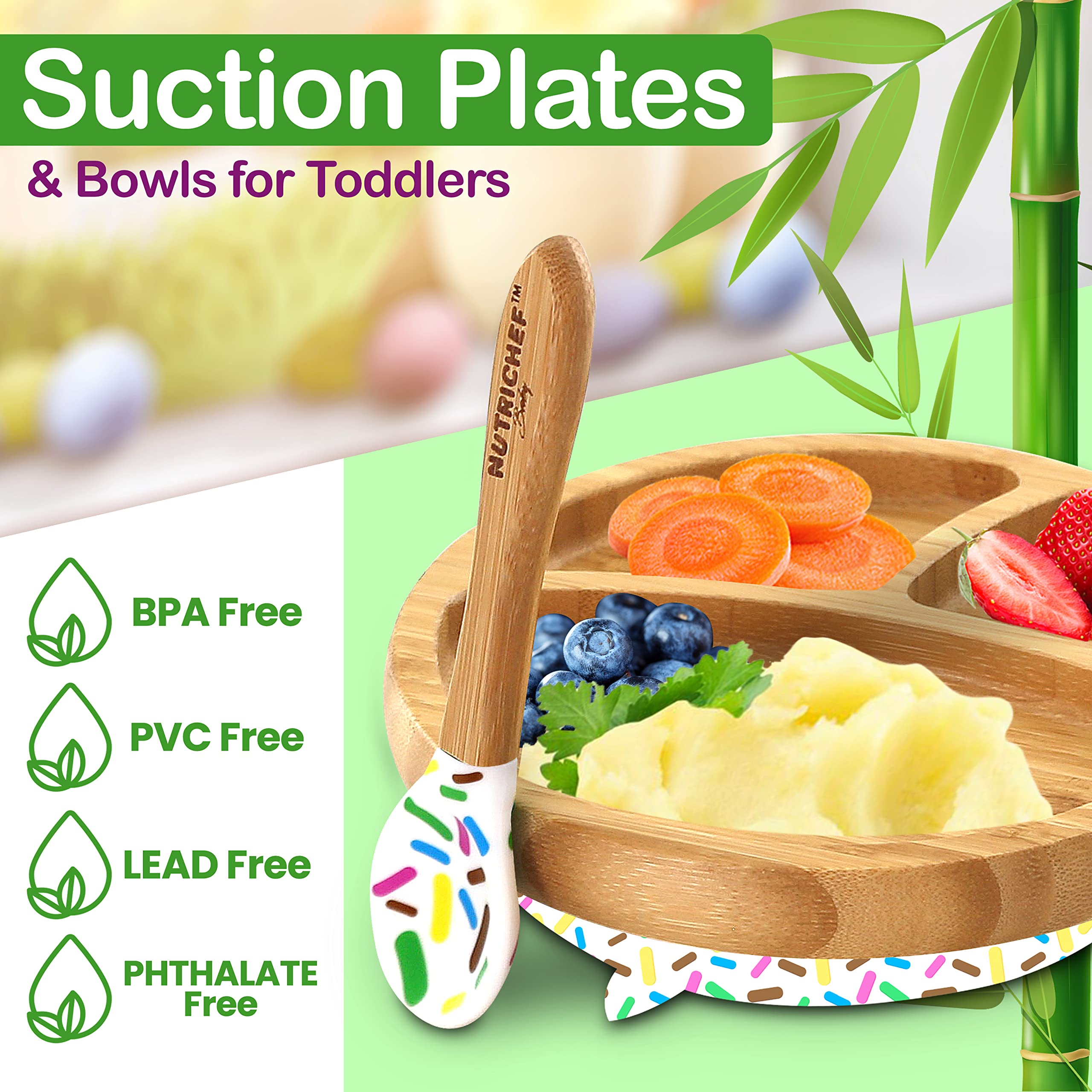 NutriChef Baby and Toddler, 3 compartment plate, bowl, and spoon feeding set- silicon suction, Non-toxic all natural Bamboo baby food plate with silicon bib