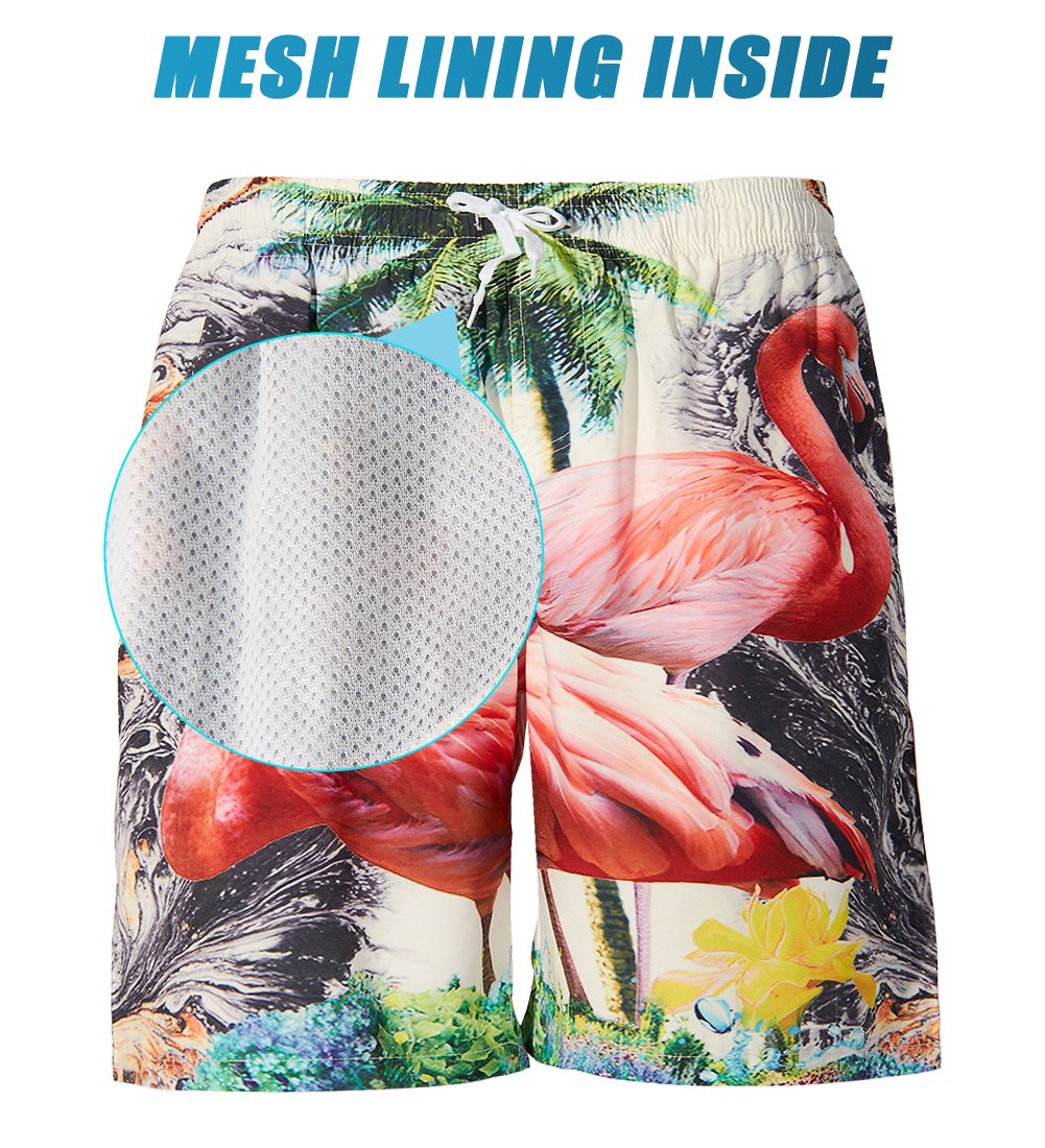 TUONROAD Men\'s Summer Holiday Aloha Beach Shorts Black Water Green Coconut Tree White Hwaiian Bathing Suit Shorts Tropical Beach Casual Style Board Shorts,X-Large,Flamingo