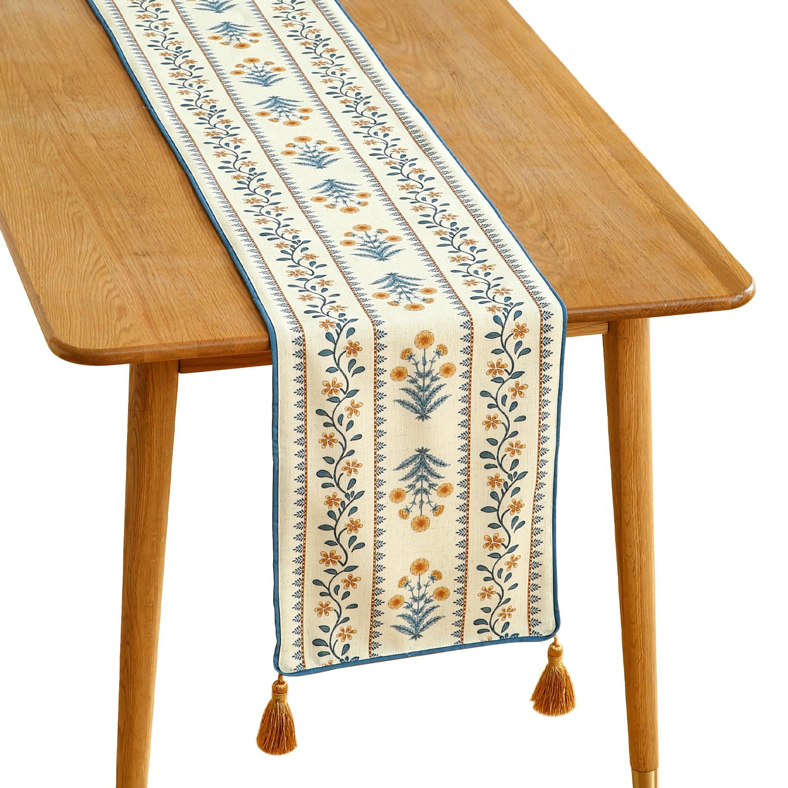 Photo 1 of ISAENNE Designer Pale Yellow Elegant Linen Extra Long Table Runner 118 Inches,French Floral Pattern Elegant Table Runners for Dining Tables,Thanksgiving,Kitchen Tables,Christmas,12"*118"-Estevan A