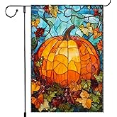 Fall Garden Flag For Outdoor Decor Thanksgiving Garden Flags Autumn Stained Glass Pumpkin Maple Leaf Double Sided Small Burlap Outside Porch Lawn Yard Flags Decorations 12.5x18 Inch