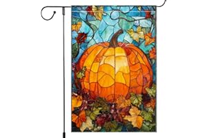 RMXJKIIU Fall Garden Flag For Outdoor Decor Thanksgiving Garden Flags Autumn Stained Glass Pumpkin Maple Leaf Double Sided Small Burlap Outside Porch Lawn Yard Flags Decorations 12.5x18 Inch