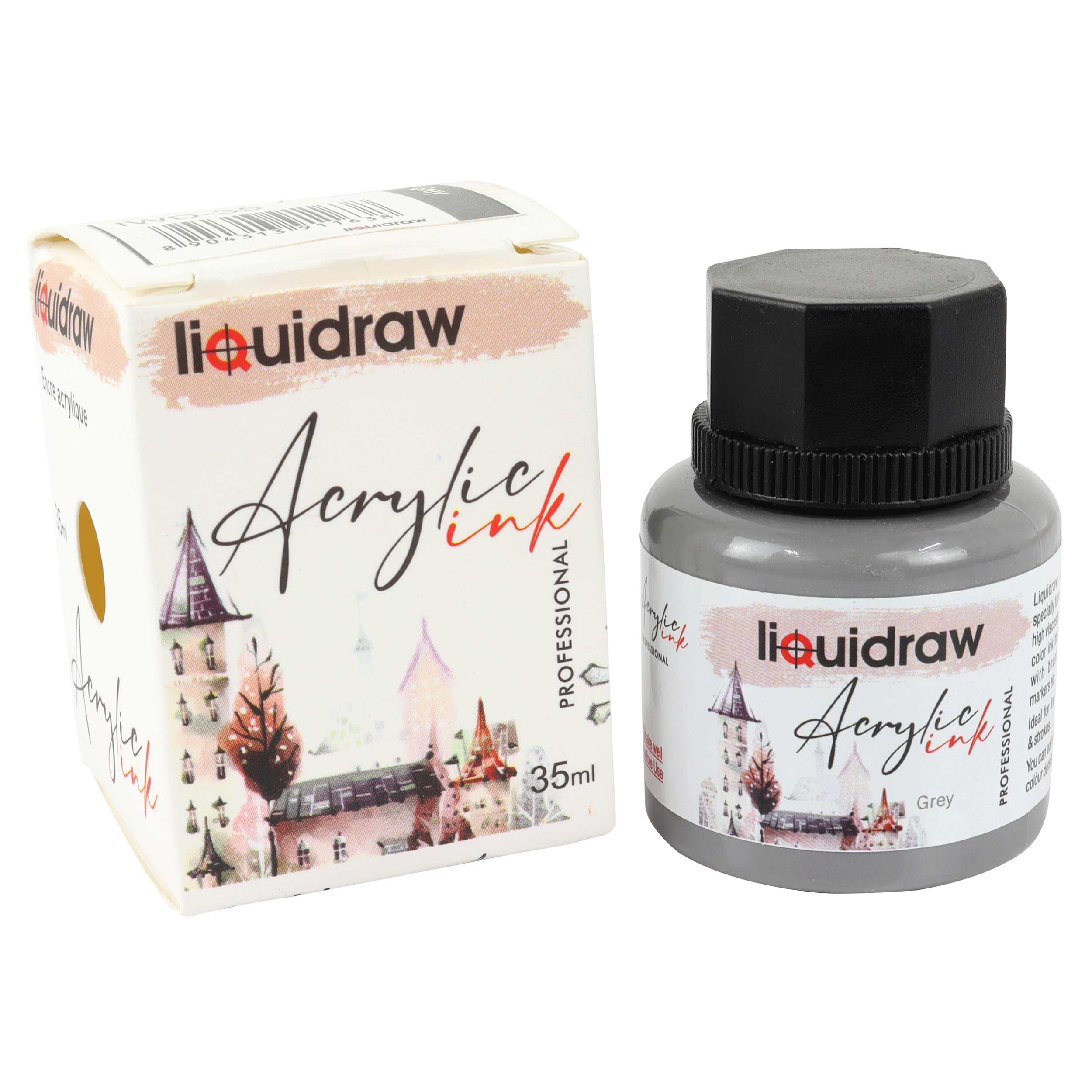 Liquidraw Acrylic Inks for Artists 20 Colours Black White Available Waterproof Ink 35ml Professional for Painting, Drawing, Paints, Art, Brushes, Paper, Board, Canvas, Fabric & Wood (Grey)