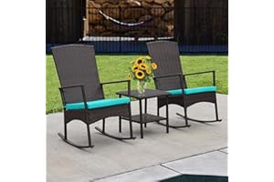 WAROOM Outdoor PE Wicker Porch Rocking Chair 3 Piece Patio Bistro Set Garden Conversation Furniture Brown Rattan with Glass Top Coffee Table, Turquoise Cushion