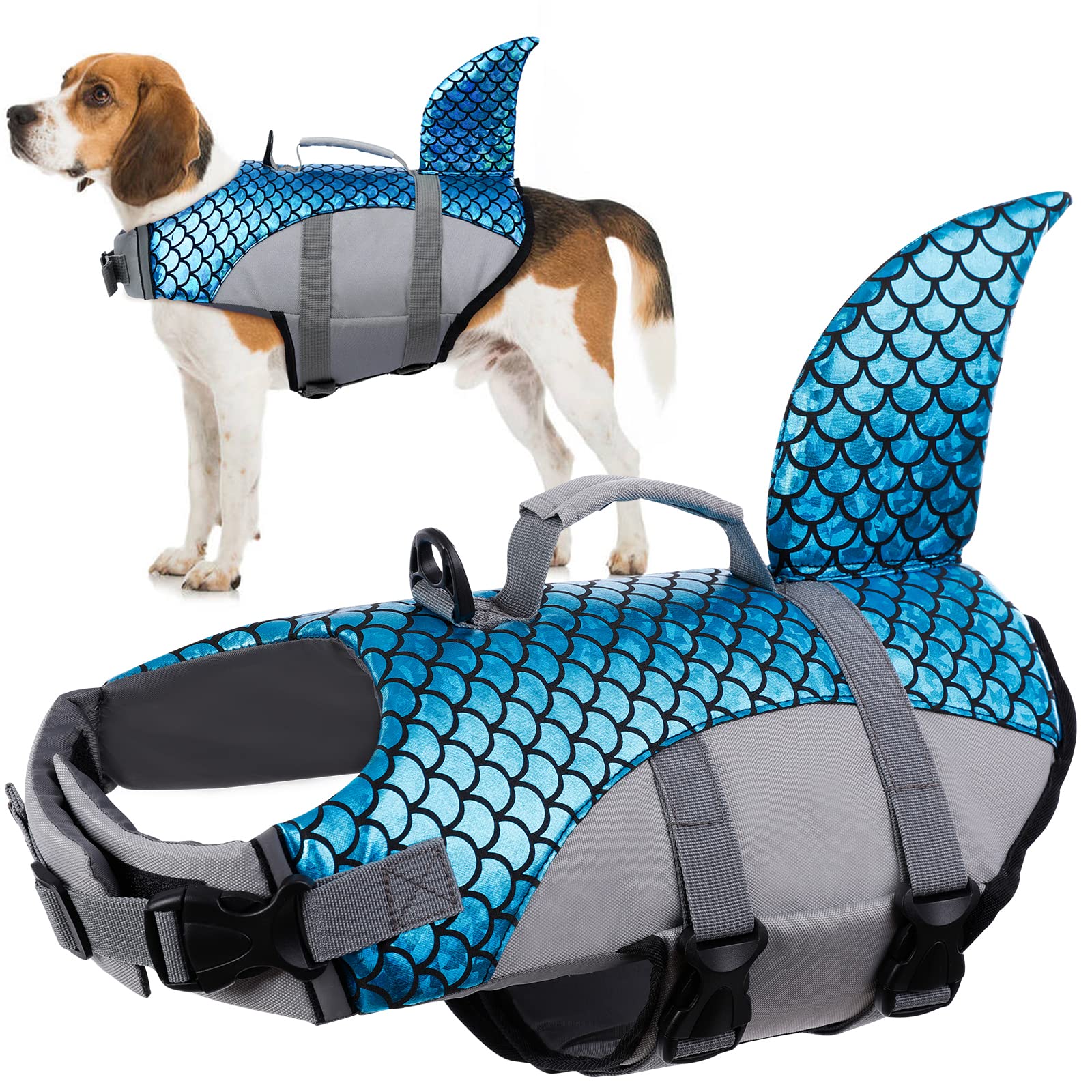 Dog Life Jacket, Lifesaver Floating Vest Shark Shape Dog Summer Swimming Safety Vest with Adjustable Strap and Rescue Handle for Swimming Pool Beach Boating(Blue, L) — image 1