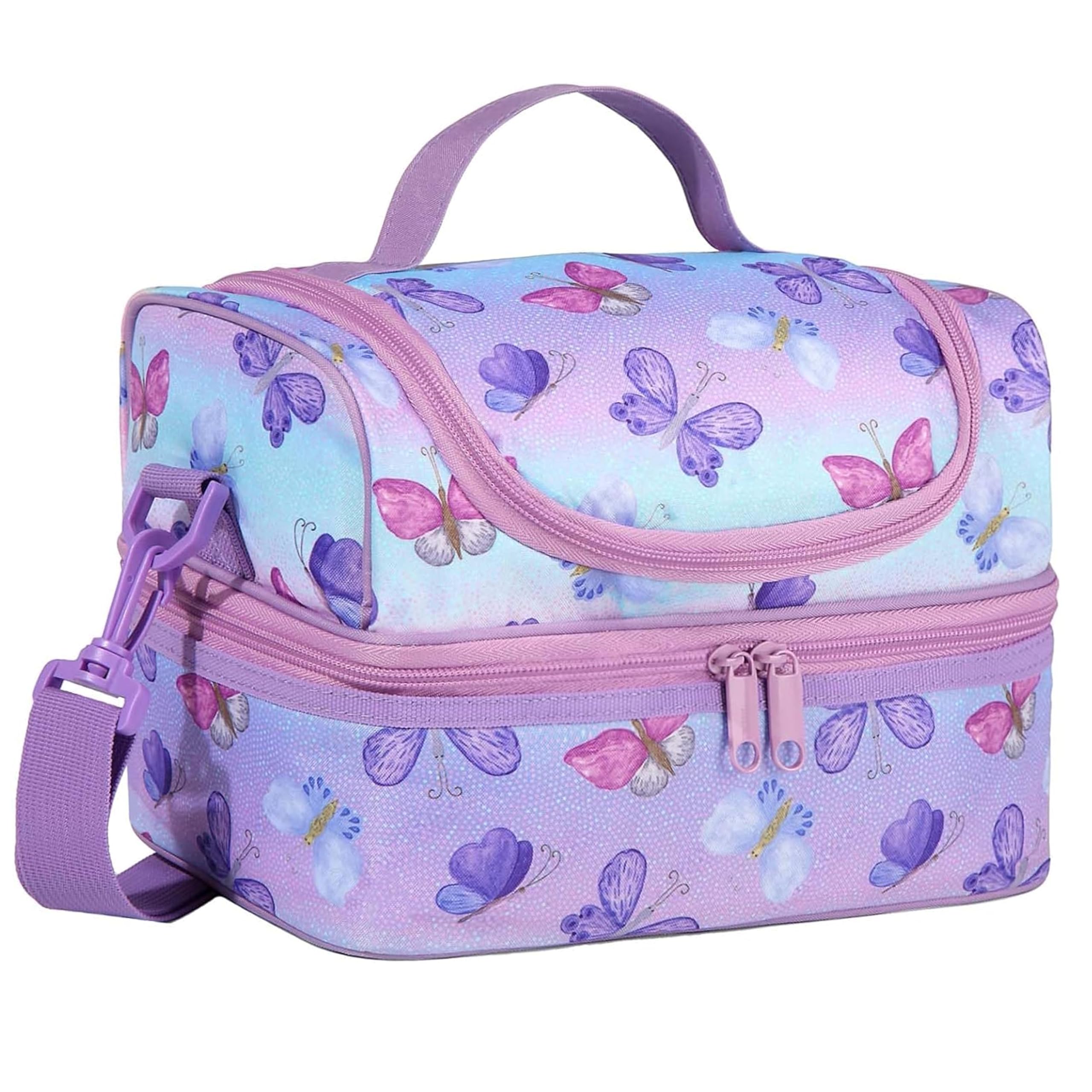 Kasgo Lunch Bag for Kids, Cute Insulated Lunch Box Bag for Boys and Girls Dual Compartments Cooler Bag with Detachable Adjustable Shoulder Strap, Butterflies