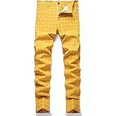 YIHUILONG Plaid Pants for Men, Stretch Mens Slim Fit Dress Pants Skinny Flat-Front Fashion Business Casual Chinos Pants