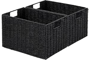 Vagusicc Wicker Basket, Baskets for Organizing, Set of 2 Woven Paper Rope Wicker Storage Basket with Handles, Foldable Large Cube Storage Organizer Bins Baskets for Shelves & Decor, Black (Large)
