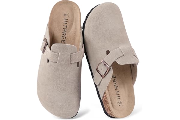 IIITHREE Women's Suede Clogs Cork Footbed Clogs for Women Soft Leather Adjustable Buckle Slip-on Potato Shoes Sandals