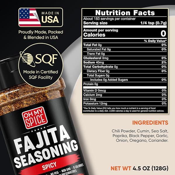 FAJITA SEASONING MIX SPICY CHILI POWDER – GLUTEN FREE & LOW SODIUM MEXICAN SEASONING BLEND FOR MEAT, VEGETABLES, STEAK & CHICKEN FAJITA. TACO SEASONINGS MIX SPICES. HOT FAJITAS SEASONINGS SPICE. 4.5OZ