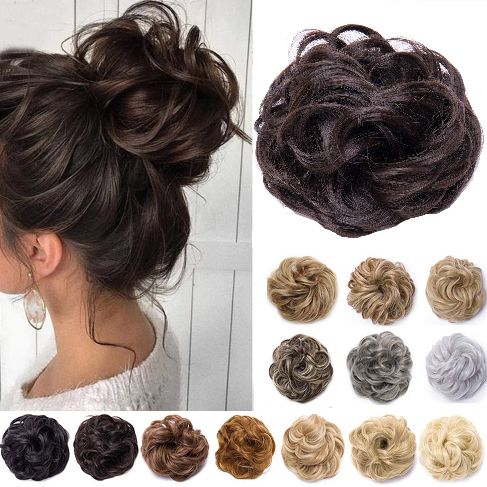 Messy Hair Bun Synthetic Extension Scrunchy Donut Curly Wavy Updo Elastic Scrunchie Thick Full Wedding Hair Pieces Bridal Hairpiece Easy Bun Updos Chignon for Women Kids Medium Brown