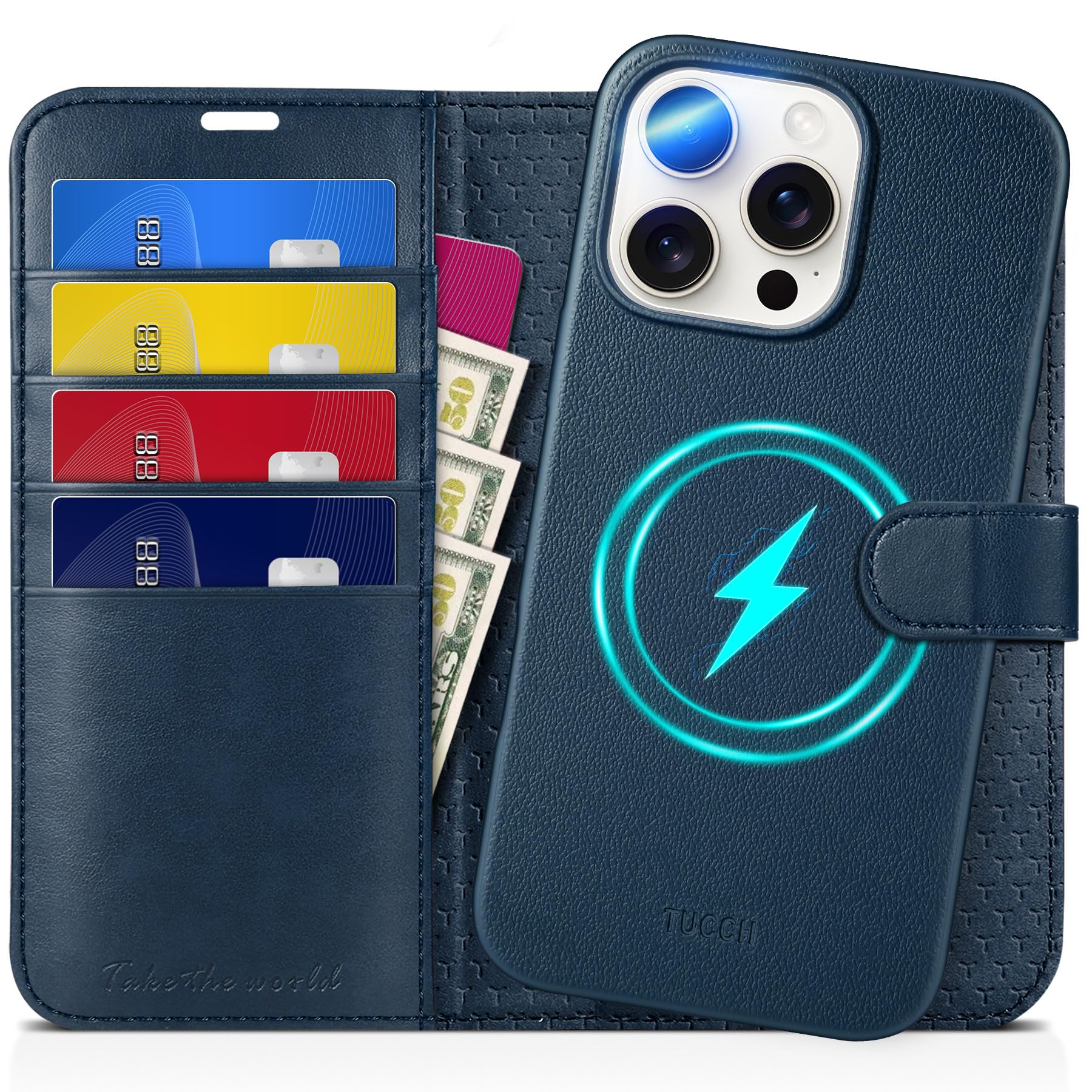 TUCCH Wallet Case for iPhone 16 Pro Max (6.9"), [Removable] 2-in-1 Stand RFID Blocking [Card Holders][Wireless Charging] Protective Case, Magnetic PU Leather Detachable Folding Folio Cover, Full Blue