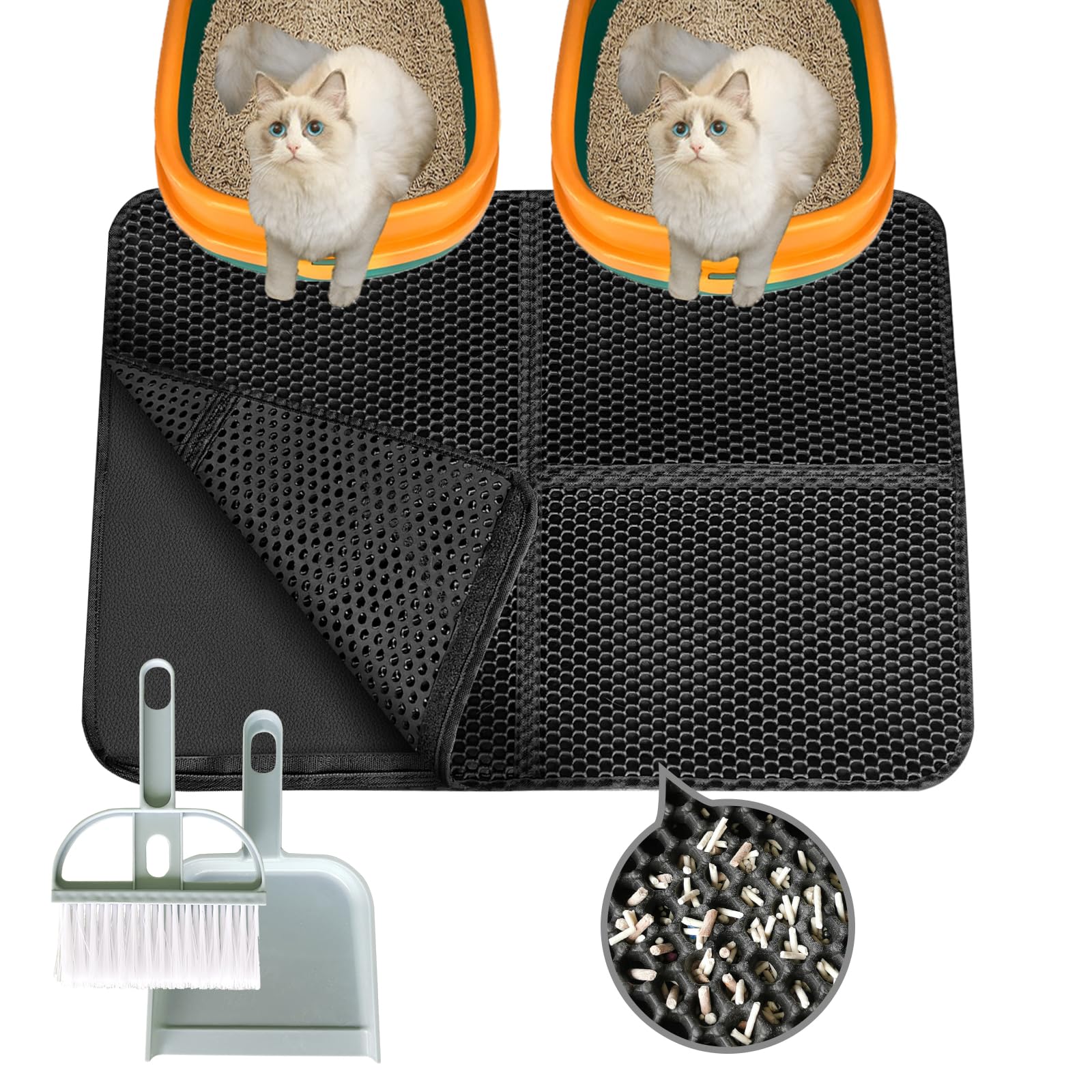 PURIMADE 76 * 56CM Cat Litter Mat Litter Trapping Mat with Dustpan & Brush Set EVA double layer Litter Box Mat，Extra Large Foldable Washable Honeycomb Cat Litter Mat Cat Accessories for Indoor Cats