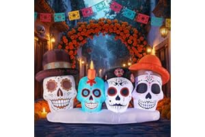 DomKom Halloween Inflatable Blow Up Decorations, Dia de Los Muertos 8FT Day of Dead Catrina Skulls, Built-in LEDs for Holiday Party, Garden, Lawn, Yard, Patio Décor